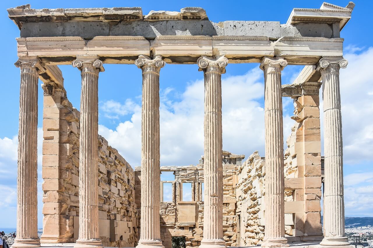 View of the front of a temple on the Greek Acropolis.