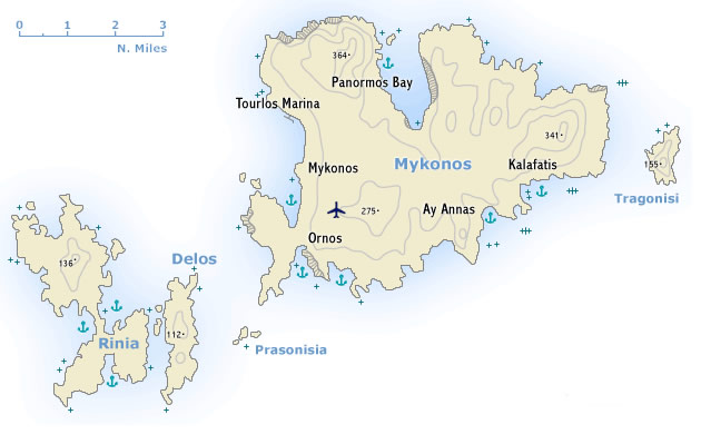 Sea chart of the Mykonos island