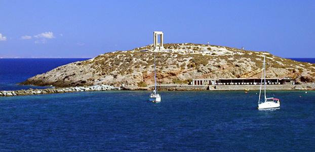 View of the ruins of the Temple of Apollo at the marina on Naxos island