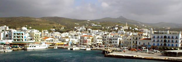 View from sea of marina on Tinos island